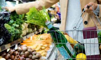 woman in white coat holding green shopping cart