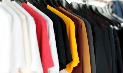 closeup of hanged shirts on rack